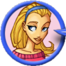 A teenage girl with long blond hair and blue eyes is in an icon. She has a blue hairband and pink shirt on.