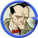 The icon of an old man with receding black hair. He wears a black suit with a white shirt and red ribbon underneath a beige coat.