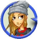 A girl with a grey hat and black t-shirt in a speechbubble icon. The girl has blonde hair and brown eyes.