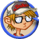 A kid with glasses and blond hair wearing a white hat with red text on it.